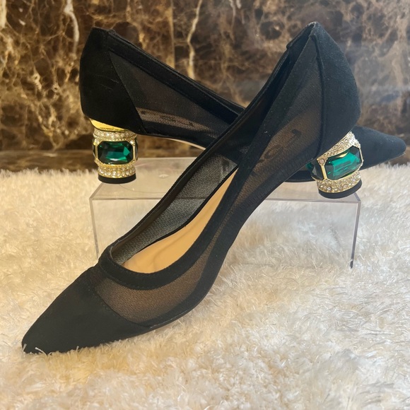FSJ~ Pointed Toe~Bejeweled Chunky Block Heel Pump~Black Faux Suede & Mesh~Sz 8.5 - Picture 2 of 5